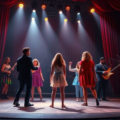 Elenco de teatro musical performando em um palco iluminado.