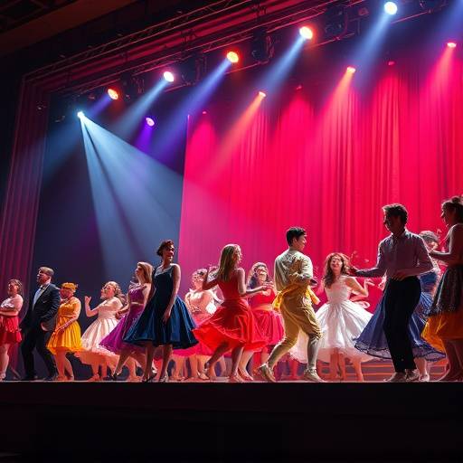 Elenco de teatro musical performando em um palco iluminado, com figurinos coloridos e coreografia elaborada.