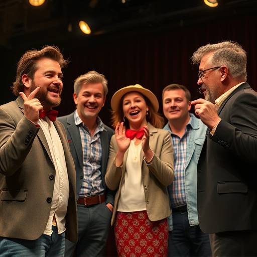 Grupo de atores em um palco, participando de um jogo de improvisaäão, com expressões faciais engraäadas e gestos exagerados.