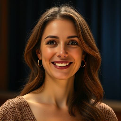 Retrato de Clara Almeida, sorrindo gentilmente, com um fundo de palco de teatro.